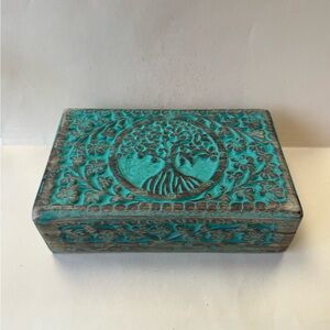 Handmade Turquoise Carved Tree of Life Wood Box Trinket Keepsake Holder